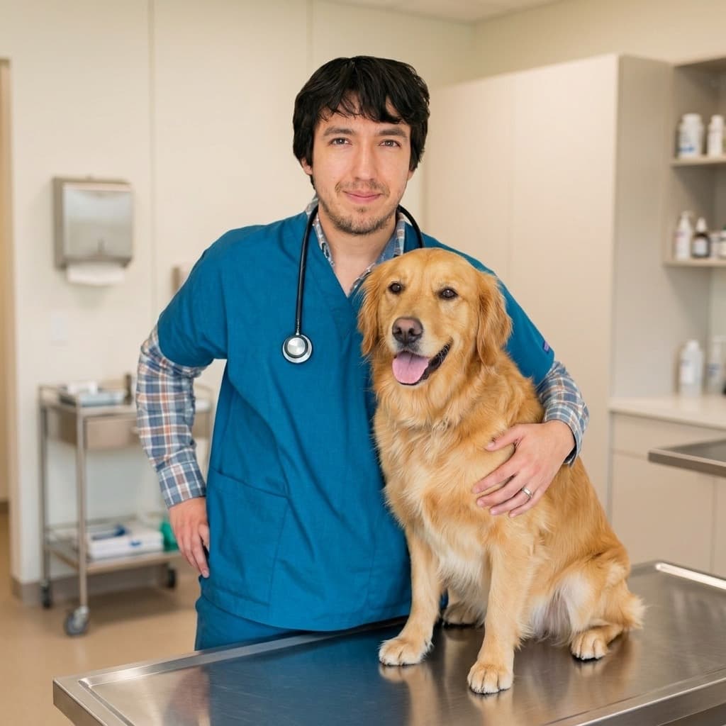 Pablo Erpel, médico veterinario, en consulta nutricional con un paciente canino