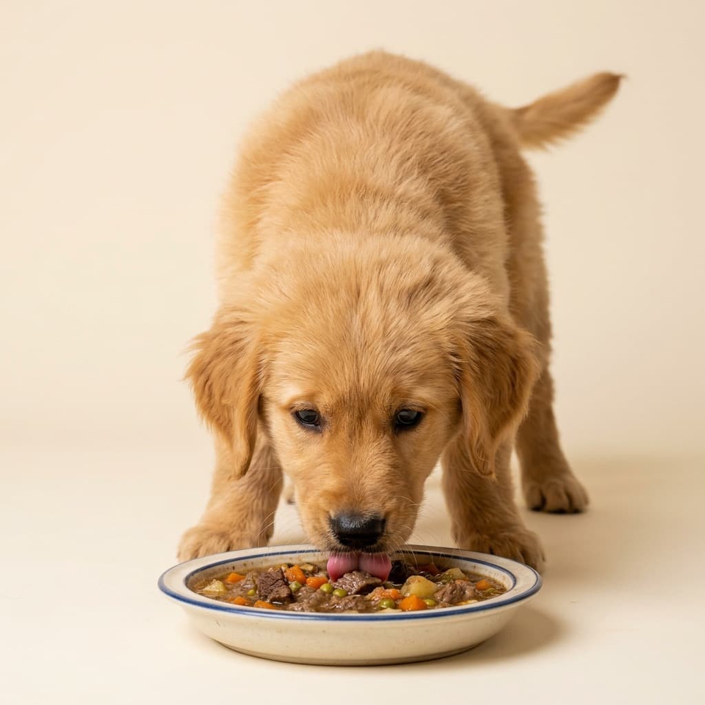 Cachorro comiendo un caldo casero con carne y verduras